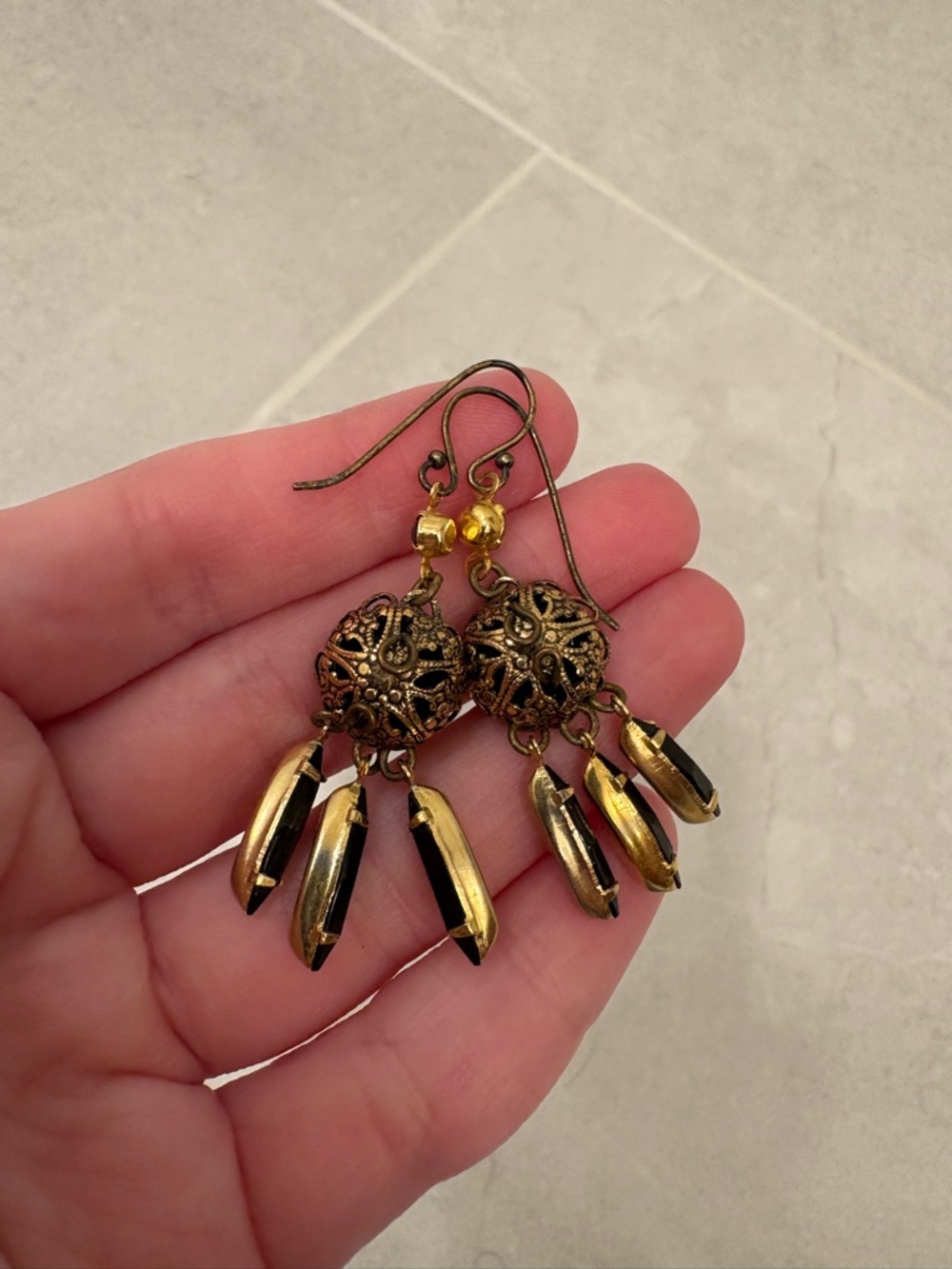 Vintage Black and Gold Tone Chandelier Earrings - Picture 5 of 6